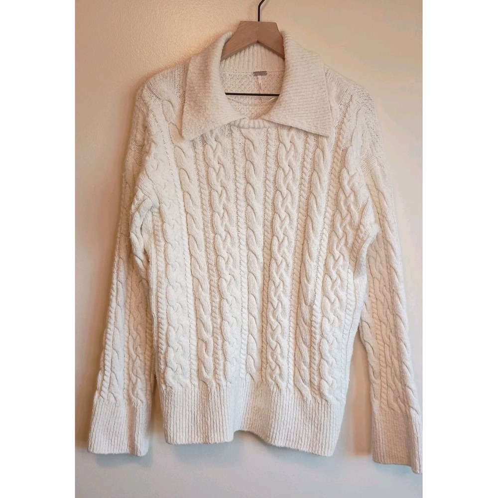 Free People Women's S Cream Cable Knit Sweater Oversized Collar Fisherman Cozy